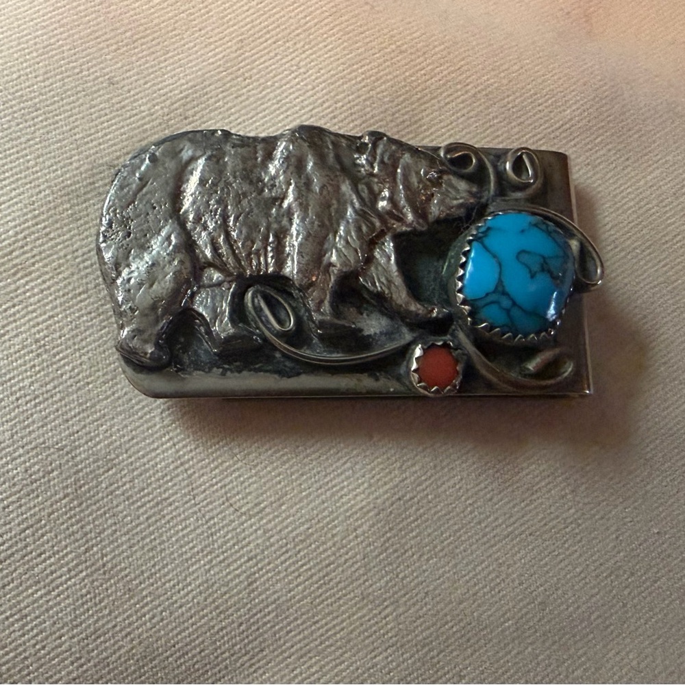 Vintage Navajo Bear, Turquoise, and Coral Money Clip